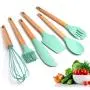 Fullyday Silicone Kitchenware Set of 6, Green Heat Resistant Cooking Utensils Set, Ideal Wooden Handle Household Kitrchen Cookin