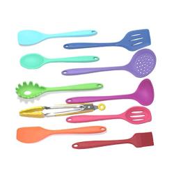 Silicone Utensil set Colorful 10 piece set includes spatula, tongs, large slotted spoon, ladle, slotted spoon, slotted turner, basting brush, pasta fork spoonula and spoon