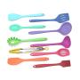 Silicone Utensil set Colorful 10 piece set includes spatula, tongs, large slotted spoon, ladle, slotted spoon, slotted turner, basting brush, pasta fork spoonula and spoon