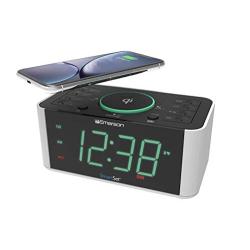 Emerson Alarm Clock Radio and QI Wireless Phone Charger with Bluetooth, Compatible with iPhone Xs Max/XR/XS/X/8/Plus, 10W Galaxy S10/Plus/S10E/S9, All Qi Compatible Phones, ER100202