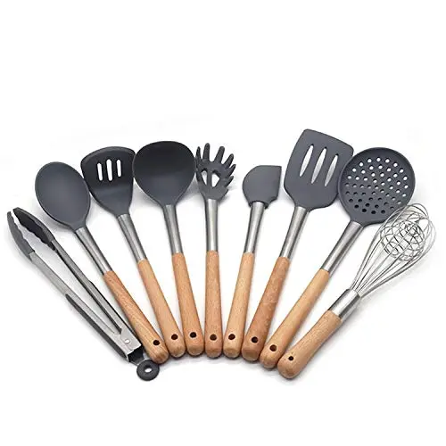 9 pieces Wooden Handle Silicone Kitchenware Set Plastic Cooking Tools Cookware Kitchen Tools