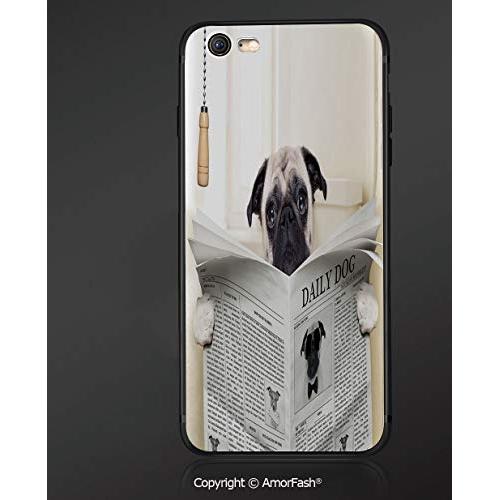 Customized iPhone 6 Case | iPhone 6S Case | Shockproof,Lightweight,Scratch Resistant,Pug,Puppy Reading The Newspaper on The Toilet Bathroom Funny Image Pug Joke Print,Cream Black White