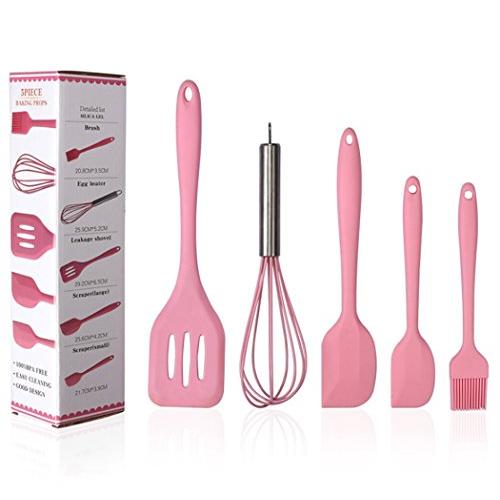 Hillento Silicone Kitchen Utensil Set Kitchenware 5PCS Silicone Kitchen Utensils Set Spatulas Brush Cooking Tools, Easy to Use & Clean, Pink