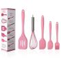 Hillento Silicone Kitchen Utensil Set Kitchenware 5PCS Silicone Kitchen Utensils Set Spatulas Brush Cooking Tools, Easy to Use & Clean, Pink