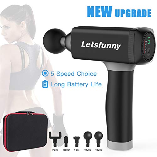 Muscle Massage Gun, Upgraded Handheld Vibration Deep Tissue Massager Device, Powerful Cordless Percussion Full Body Muscle Massager with 5 Adjustable Speed, 5 Attachments & Portable Bag