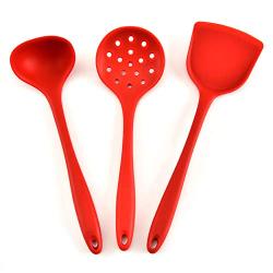 JunbosiKitchenware Silicone Kitchenware 3 Piece Set Cooking Spoon Shovel Fence Soup Spoon Nonstick Cookware Kitchenware,Red