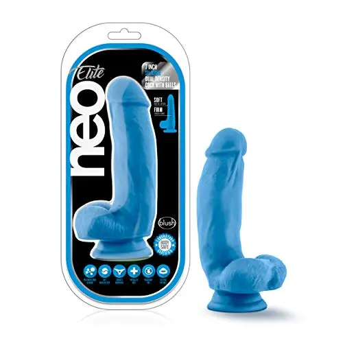 Blush Neo Elite 7 Inch Silicone Dual Density Cock with Balls Realistic Suction Cup Dildo, Sex Toy for Women, Neon Blue