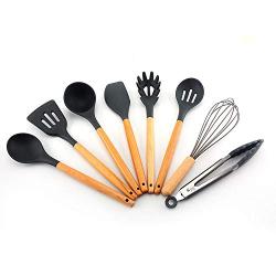 Silicone Kitchenware Set, 8 Pieces of Cooking Utensils With Wooden Handle - Non-Stick Kitchen Tool Slotted Spoon, Spoon, Scraper, Spaghetti Server, 8-piece set