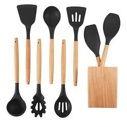 Wood Handle Kitchenware Silicone Heat Resistant Non-stick Cooking Baking Tool Spoon Utensils Dinnerware Set Cooking Tools eight-piece