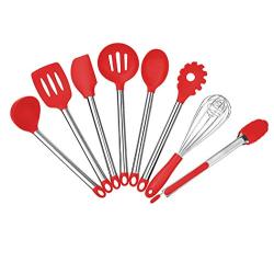 JunbosiKitchenware Silicone Kitchenware Set of 8 Silicone Scraper Food Clip Cooking Spoon Shovel Household Kitchenware Set,Red