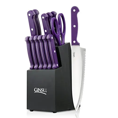 Ginsu Essential Series 14-Piece Stainless Steel Serrated Knife Set ? Cutlery Set with Purple Kitchen Knives in a Black Block, 03891DS