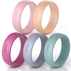 Rinfit Silicone Wedding Rings for Women 3 or 6 Ring Pack - Designed, Rubber Rings. Unique Set of Thin and Stackable Wedding Bands for Women. U.S. Design Patent Pending