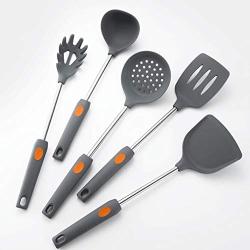 Gwjs Silicone Kitchenware, Non-stick High Temperature Cookware Stainless Steel Spatula Set Cooking Utensils-five-piece Suit 38cm(14.9inch)