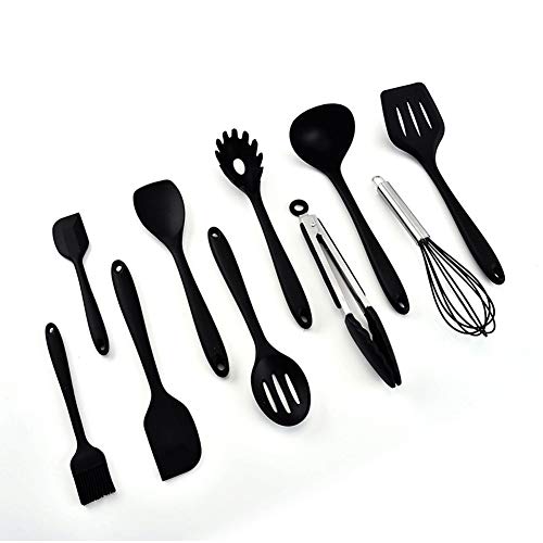 HUShjsd Silicone Kitchenware Set Of 10, Non-stick Kitchenware Set Cooking Spoon Set Kitchenware，spatulas Silicone Heat Resistant,Black