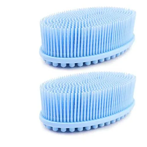 (2 pack blue) Avilana Loofah Exfoliating Body Scrubber 2 in 1 Face And Body Silicone Scrubber - Antibacterial Silicone Shower Brush Bath Sponge Loofa