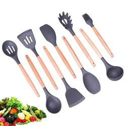 Silicone Kitchenware Set, 9 Pieces of Wooden Handle Cooking Tools, BPA-Free Silicone Spatula Spoon, Kitchen Utensils, Non-Stick Cookware Cutlery Set
