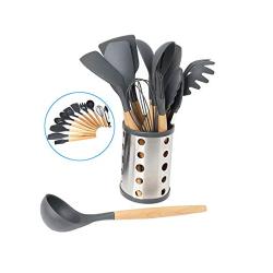 11 Pcs Non-Stick Silicone Kitchen Set - Cooking Utensils Heat Resistant Kitchenware Wooden Handle Turner Spoon Spatulas Stainless Steel Storage