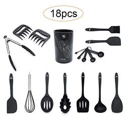 Kitchen Utensil Set With Holder 18 Pcs Silicone Cooking Kit Kitchenware With Bear Claw Measuring Spoon Set,Black