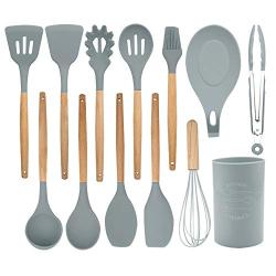 Silicone kitchenware And Durable Bamboo And Wood Handle Non-stick Cookware Heat-resistant Food Grade Silicone Kitchen Utensils Set Of 13 Cooking Utensils Set Our Silicone Kitchen Utensils