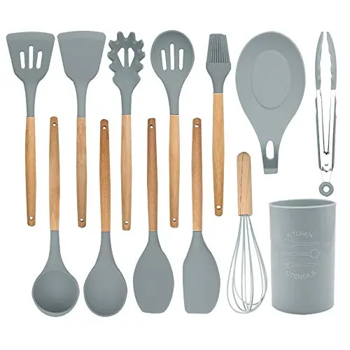 Silicone kitchenware And Durable Bamboo And Wood Handle Non-stick Cookware Heat-resistant Food Grade Silicone Kitchen Utensils Set Of 13 Cooking Utensils Set Our Silicone Kitchen Utensils