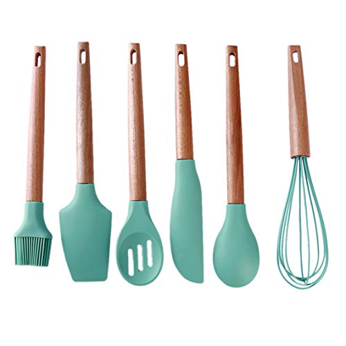 Idiytip 6 Pcs/set Wooden Handle Silicone Kitchenware Kitchen Home Cooking Shovel Spoon Set