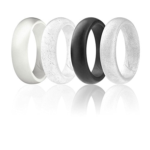 ROQ Silicone Wedding Ring for Women, Affordable Silicone Rubber Wedding Bands, 7 Packs, 4 Pack & Singles - Glitters & Metallic - Rose Gold, Silver, Pink, Black, Blue