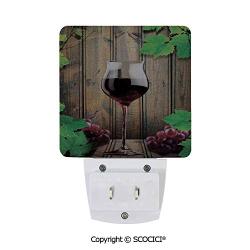 SCOCICI Wine Glass Grapes Rustic Wood Kitchenware Home and Cafe Interior Art 2 Pack Plug in Dusk to Dawn Lights Sensor LED Night Lights Wall Lights for Bedroom, Bathroom, Hallway, Stairs