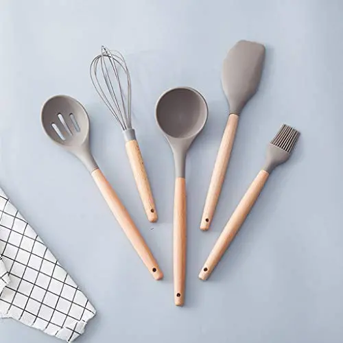 Icocol Kitchen Gadgets Tools Utensils High Temperature Silicone Kitchenware Set Egg Beater Colander Wooden Handle