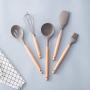 TANGON High Temperature Resistance Silicone Cooking kitchenware Gadget Set Include Blender Soup Spoon Colander Shovel with Wooden Handle