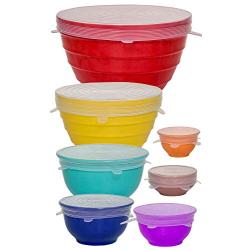 Reusable Silicone Stretch Lids - Incl. Exclusive XL size - Set Of 7 Versatile Silicon Covers - Fits Any Container Or Bowl To Keep Food Fresh - For Storing & Reheating- Easy To Clean- Bonus Storage Bag