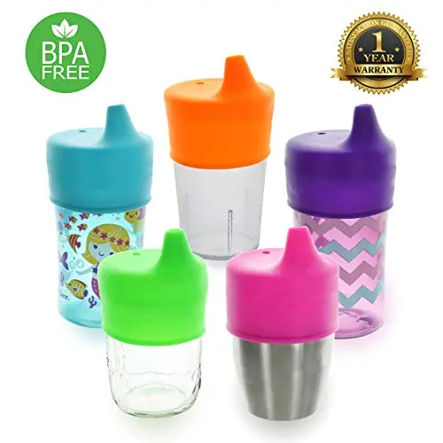 Healthy Sprouts Silicone Sippy Lids (5 Pack) - Lab Tested, Spill Proof, BPA Free, Universal Soft Spout Stretch Tops - Make Any Kid Size Cup a Sippy Cup for Toddler, Baby, Infant (Purple, Pink, Green)