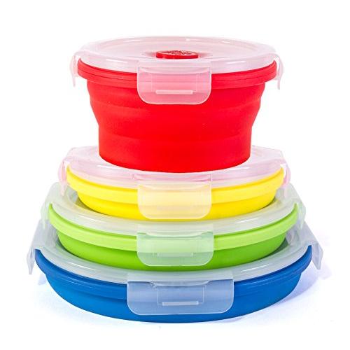 Thin Bins Collapsible Containers ? Set of 4 Round Silicone Food Storage Containers ? BPA Free, Microwave, Dishwasher and Freezer Safe - No more cluttered container cabinet!