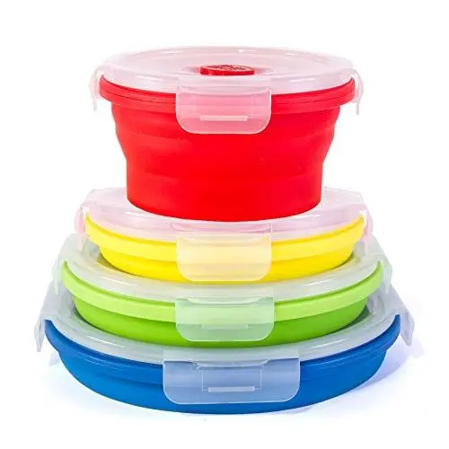 Thin Bins Collapsible Containers ? Set of 4 Round Silicone Food Storage Containers ? BPA Free, Microwave, Dishwasher and Freezer Safe - No more cluttered container cabinet!