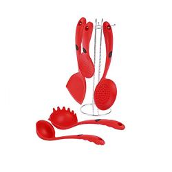 Silicone Kitchenware Heat Resistant Set - 5 Pcs Cooking Tools Cookware Utensils Kitchen Accessories Turner Colander Filter Soup Spoon Red