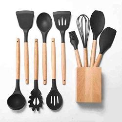 Hjyi Kitchen Cooking solid wood handle Silicone kitchenware set combination non-stick pot high temperature cooking tool Set (kitchenware 10-piece set)