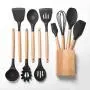 Hjyi Kitchen Cooking solid wood handle Silicone kitchenware set combination non-stick pot high temperature cooking tool Set (kitchenware 10-piece set)