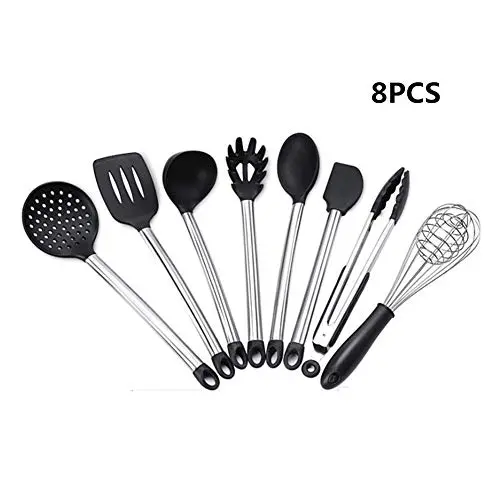 HACASO Silicone Kitchenware 9 Piece Spatula Set Stainless Steel Cooking Spoon Shovel Set of 8