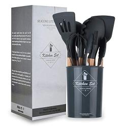 Silicone Kitchenware Wooden Handle Silicone Kitchen Utensils, Stainless Steel Cooking Tools, Non-Stick Non-Scratch Resistant Heat-Resistant Silicone Kitchenware Set, 11-piece set + storage bucket