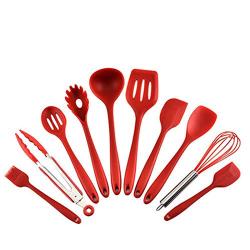 Kitchenware Set, Silicone Kitchen Utensil Set, Heat-Resistant Wooden Handle Non-Stick Kitchen Silicone Kitchenware Set of 10, red