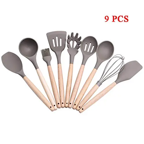 Kitchen Utensil Set Silicone 9 Piece Silicone Kitchenware Gadget Wooden Handle Kitchen Spatula Set Shovel Spoon Home Kitchen Tools