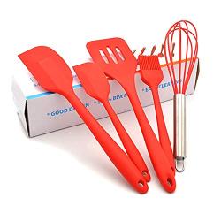 Jdeepued Silicone kitchenware 5-Piece Silicone Baking Set Durable Silicone Heat Resistant 446°F Seamless Non-Stick Kitchen Mixing Cooking Baking Utensils Red Silicone Kitchen Utensils