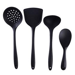 Eleusine 4 Piece Silicone Kitchenware Cooking Spoon Spatula Scoop Rice Spoon Set Kitchen Tool （Black）