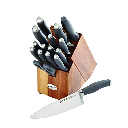 Anolon SureGrip 17-Piece Japanese Stainless Steel Knife Block Set, Gray