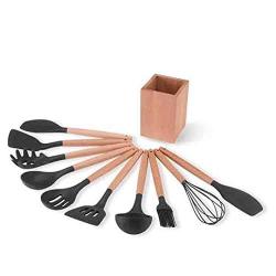 Hjyi Kitchen Cooking solid wood handle Silicone kitchenware set combination non-stick pot high temperature cooking tool Set (kitchenware 10-piece set)