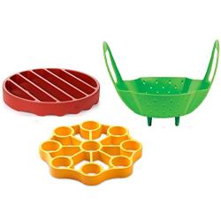 OXO Silicone Pressure Cooker Set 3 Piece Egg Steamer Basket Cooking Rack, Red Yellow Green