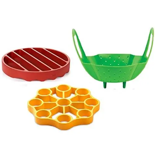 OXO Silicone Pressure Cooker Set 3 Piece Egg Steamer Basket Cooking Rack, Red Yellow Green