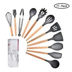 Silicone kitchenware set,MOLLG Cooking Utensils Set with Bamboo Wood Handles for Nonstick Cookware,Heat Resistant Baking Spoonula,Brush,Whisk,Spatula,Ladle,Spoon,Tongs etc.11 Piece Cooking Set