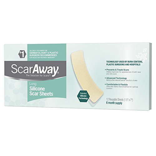ScarAway Long Silicone Scar Treatment Sheets, Ideal for Larger and Longer Scars, 12 Multi-Use Adhesive Soft Fabric Strips, 1.5 in. x 7 in.