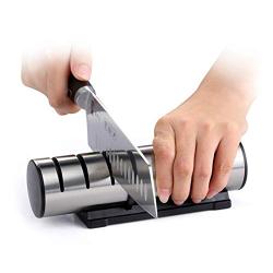 Knife Sharpener, 3 stage Design with Whetstone Diamond Ceramic inner, Stainless Steel Brushed Surface Fast Sharpening Tool for Household Restaurant Kitchen Essential Kitchenware,Silver