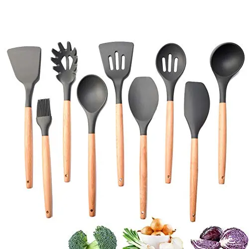 9 Pcs/Set Silicone Cooking Utensils Kitchen Utensils Set Wooden Handle Cooking Tools Silicone Kitchenware Set